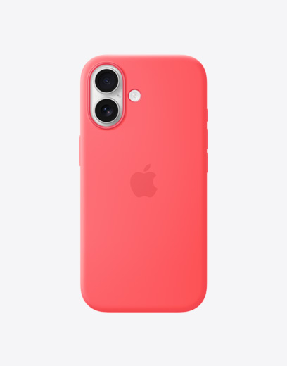 iPhone 17, tagakülg Bright Guava silikoonümbrises, Fusion kaamerasüsteem vasakus ülanurgas, keskel Apple'i logo