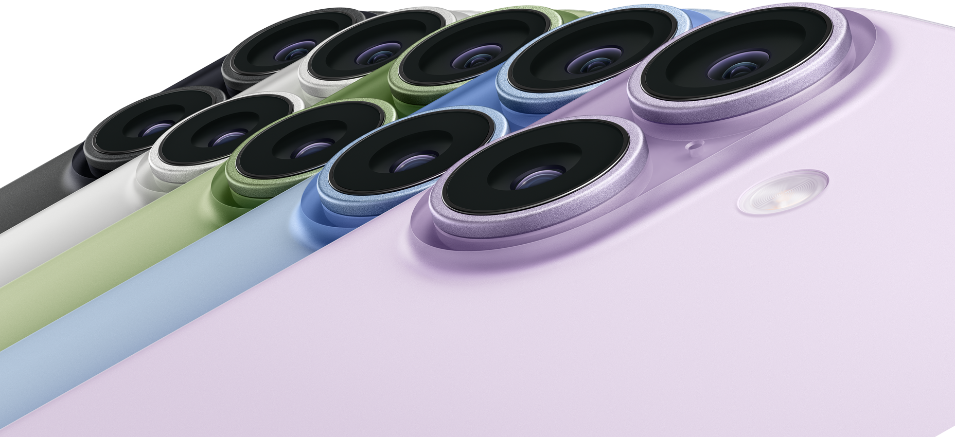 Viis iPhone 17 seadet, tagakülg, vasak ülanurk, Fusion kaamerad, värvitoonid: must, valge, salvei, udusinine, lavendel