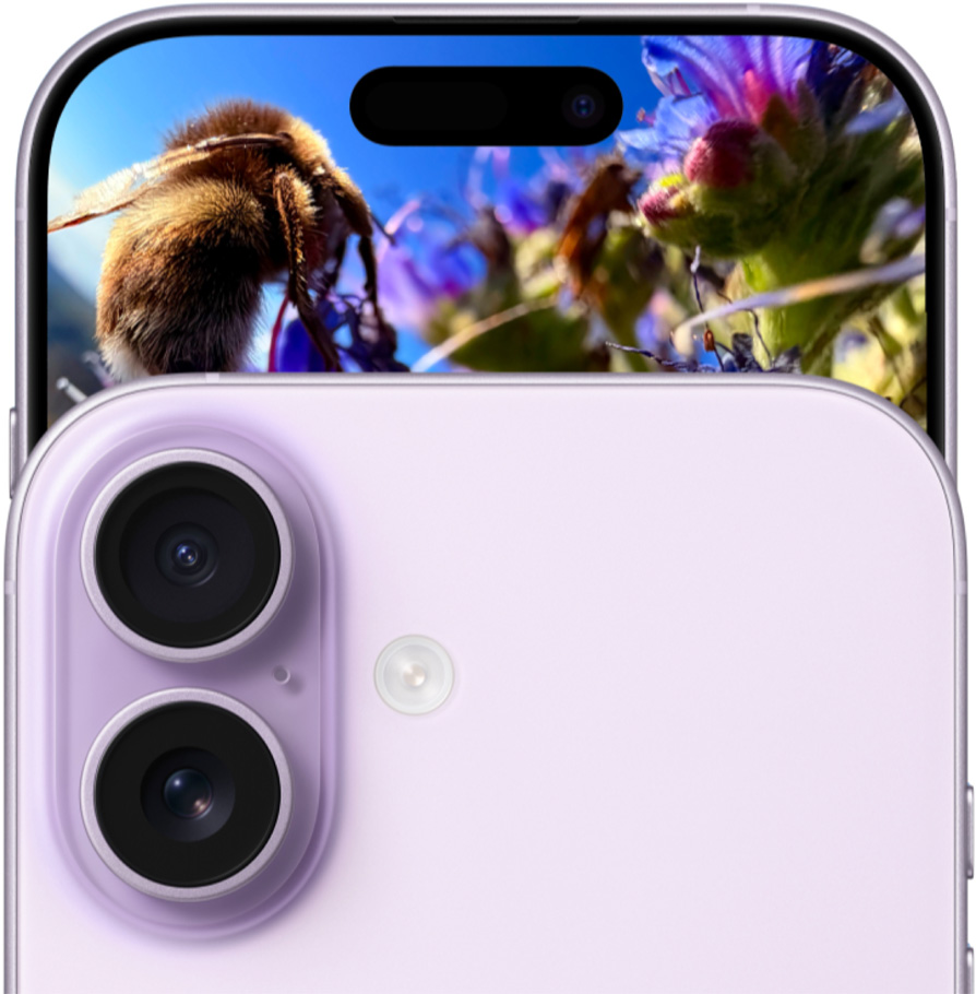 iPhone 17, esikülg Dual Fusion kaamerasüsteemiga, tagakülg, lavendlivärvi