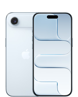 iPhone Air, tagakülg, taevasinine, ülaosas Fusion kaamerasüsteem, keskel Apple’i logo, esikülg, taevasinist värvi, keskel ülaosas Dynamic Island