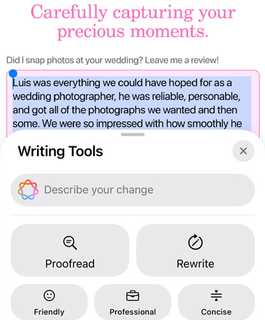 Kasutuses on Writing Tools funktsioon valikutega Proofread, Rewrite, Friendly, Professional ja Concise