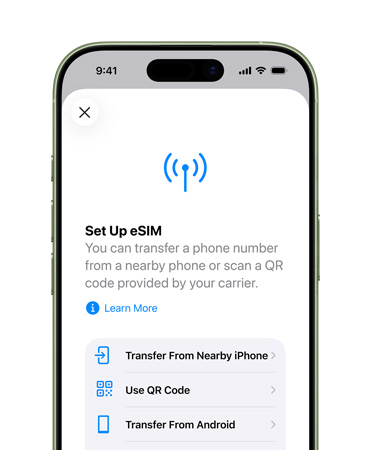 iPhone 17, esikülg, kasutuses Set Up Cellular funktsioon telefoninumbri lihtsaks ülekandmiseks eSIM-ile