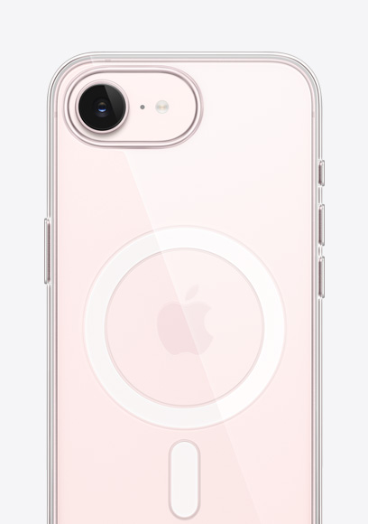 淺粉紅色 iPhone 17e 機身背面，展示 MagSafe 透明護殼，融合相機位於頂部，Apple 標誌在中央