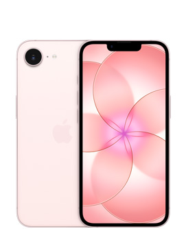 iPhone 17e, tagakülg, õrnroosa värvitoon, Fusion kaamera vasakus ülanurgas, keskel Apple’i logo, esikülg, õrnroosa värvitoon, täisekraaniga disain