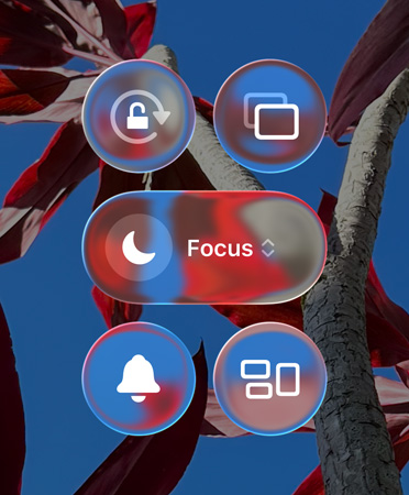 Colourful iPhone Home Screen showing transparent Liquid Glass, apps and widgets