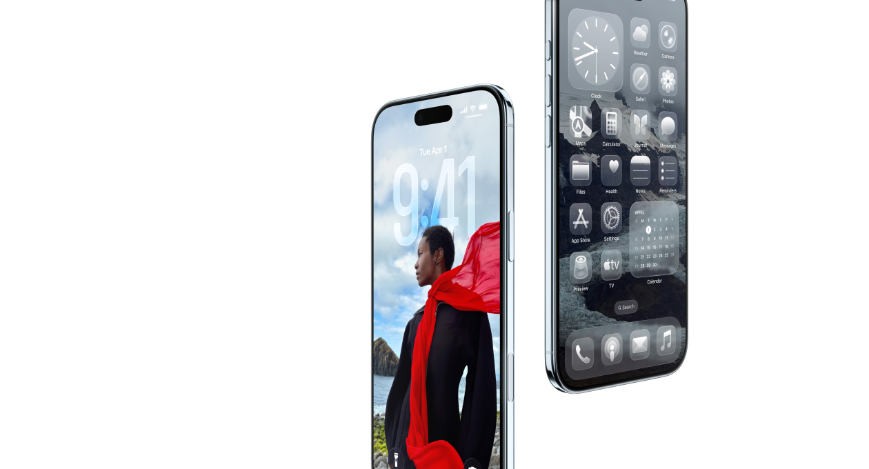 Δύο συσκευές iPhone Air, μπροστινή εξωτερική όψη, πλαϊνή εξωτερική όψη, λεπτό προφίλ, δυναμική οθόνη κλειδώματος με apps Liquid Glass