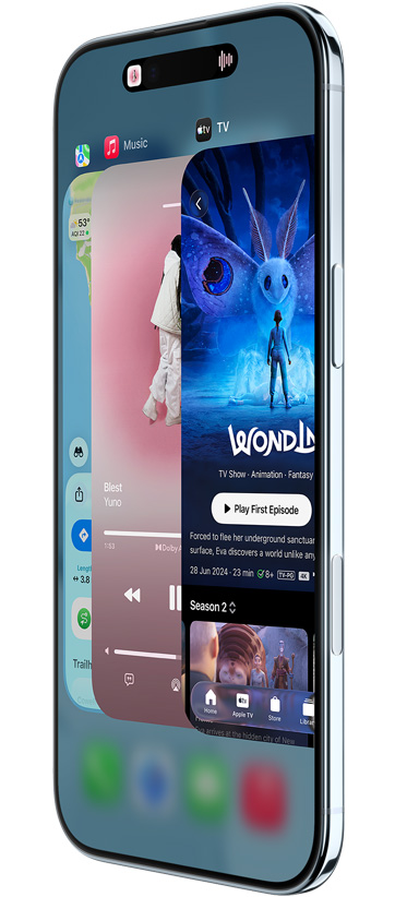 iPhone Air, μπροστινή εξωτερική όψη, πλαΐνή εξωτερική όψη, με Χάρτες, Μουσική και apps Apple TV, και δείχνει τη λειτουργία Εναλλαγή εφαρμογών σε χρήση