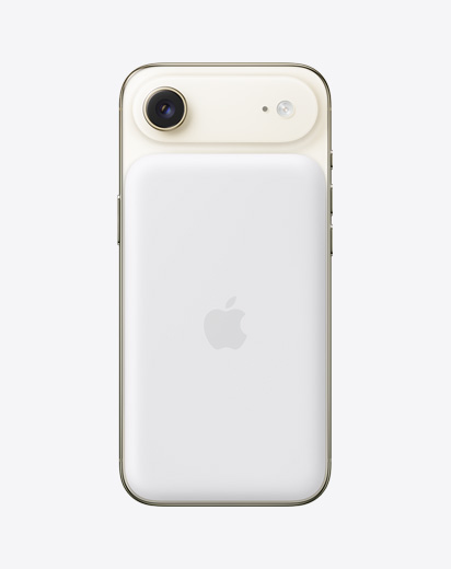 iPhone Air oro chiaro mostrato da dietro, con batteria MagSafe agganciata