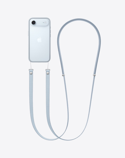 iPhone Air mostrato da dietro, agganciato alla tracolla con bumper blu chiaro