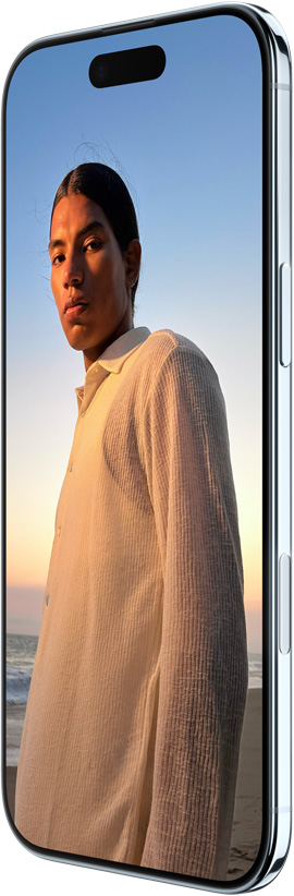 iPhone Air mostrato di fronte e di lato; design all-screen, Dynamic Island in alto, tasto laterale, tasto del Controllo fotocamera