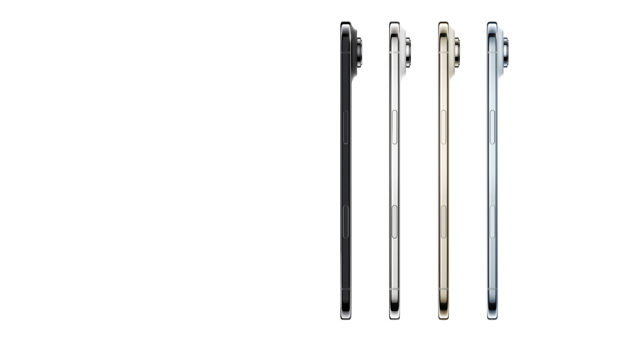 iPhone Air mostrati di lato nei colori celeste, oro chiaro, bianco nuvola e nero siderale, profilo sottilissimo, sistema con fotocamera Fusion; tasti: tasto laterale, tasto del Controllo fotocamera