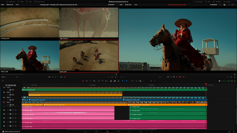 Un Studio Display y un Mac Studio muestran el proceso de edición de vídeo multicámara en DaVinci Resolve Studio