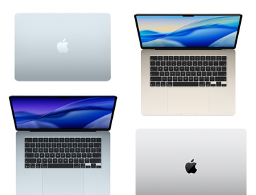 Quatro computadores Mac de vários modelos, tamanhos e cores, demonstrando as opções de personalização